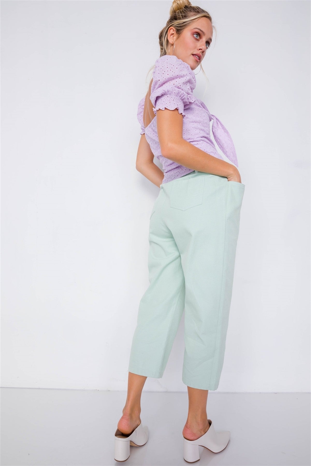 Pastel Chic Solid Ankle Wide Leg Adjustable Snap Waist Pants - ThingsWeUseAndLove 