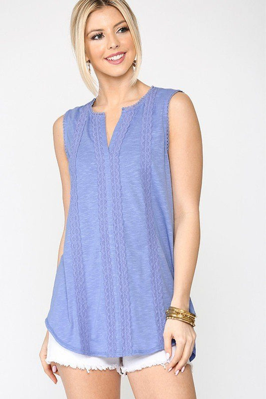 Sleeveless Lace Trim Tunic Top With Scoop Hem - ThingsWeUseAndLove 