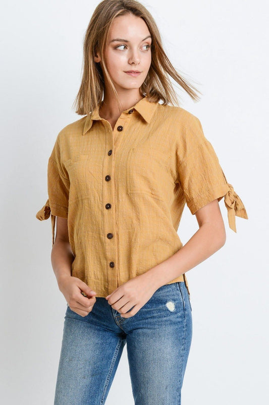 Short Sleeve Button Up Top With Tie Sleeve - ThingsWeUseAndLove 