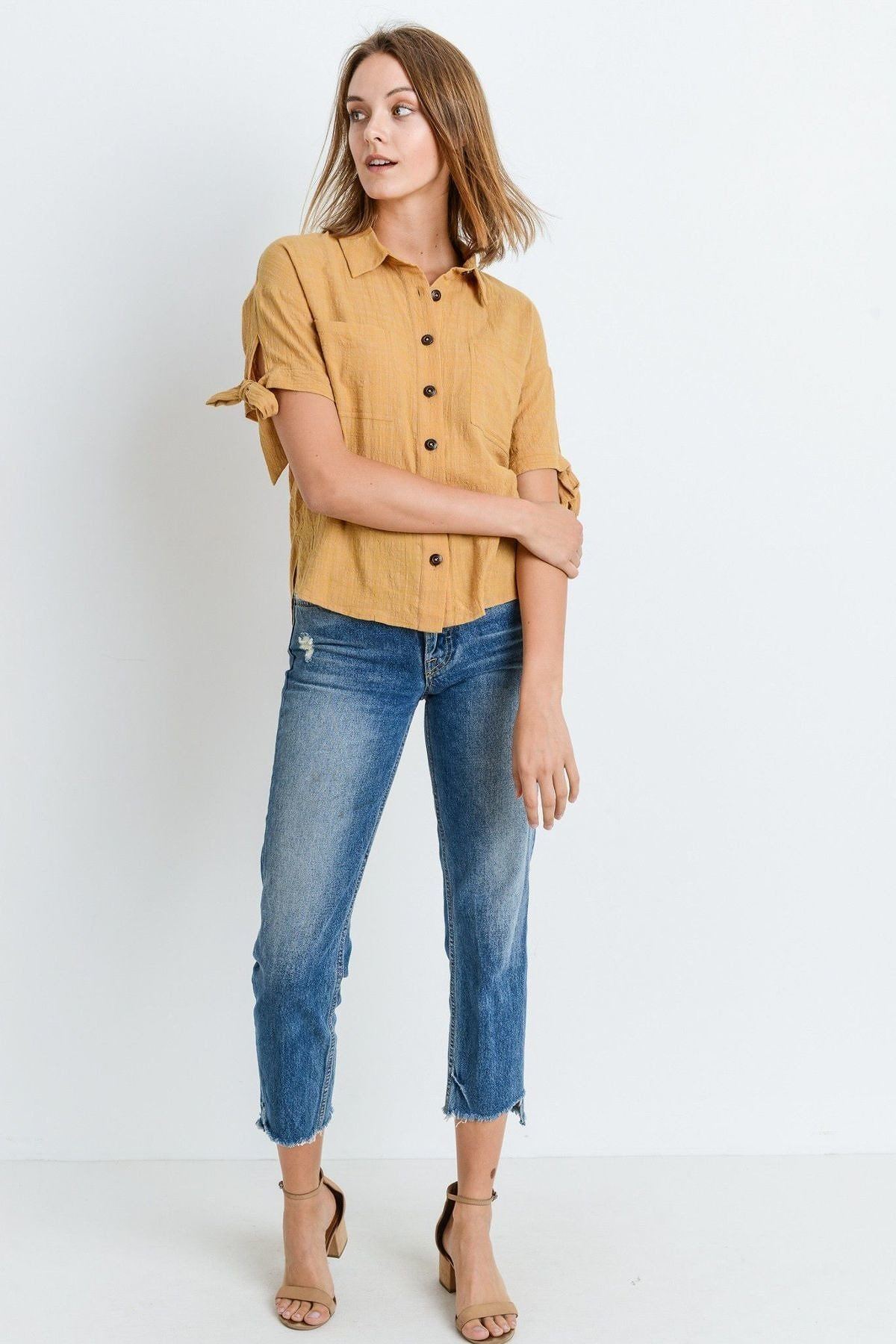 Short Sleeve Button Up Top With Tie Sleeve - ThingsWeUseAndLove 
