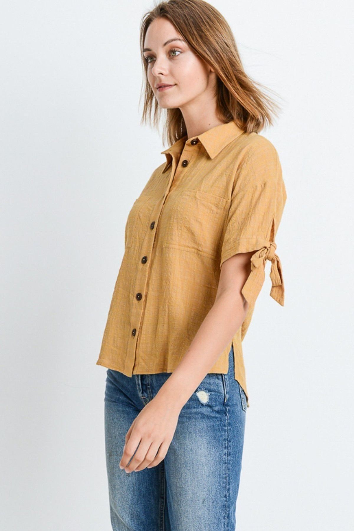 Short Sleeve Button Up Top With Tie Sleeve - ThingsWeUseAndLove 