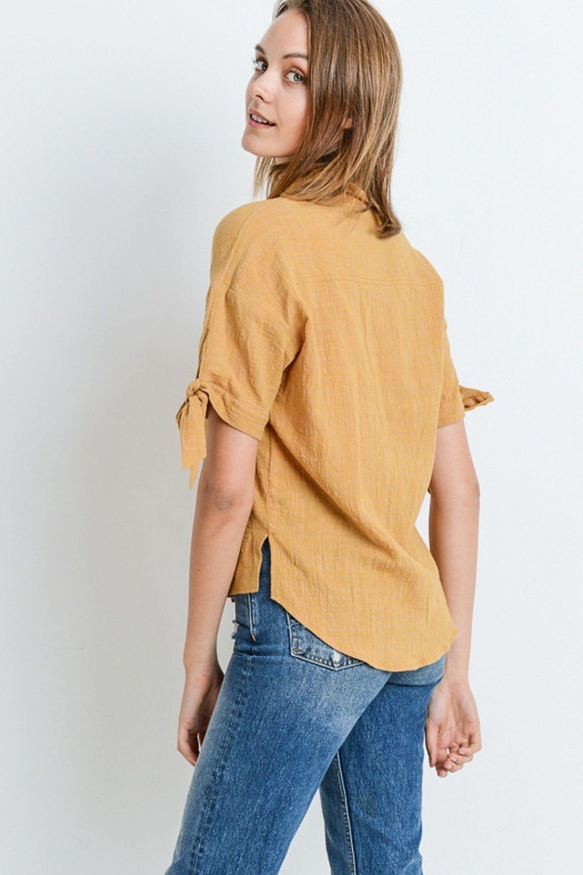 Short Sleeve Button Up Top With Tie Sleeve - ThingsWeUseAndLove 