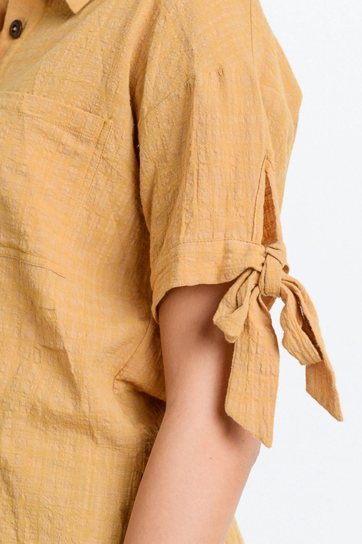 Short Sleeve Button Up Top With Tie Sleeve - ThingsWeUseAndLove 