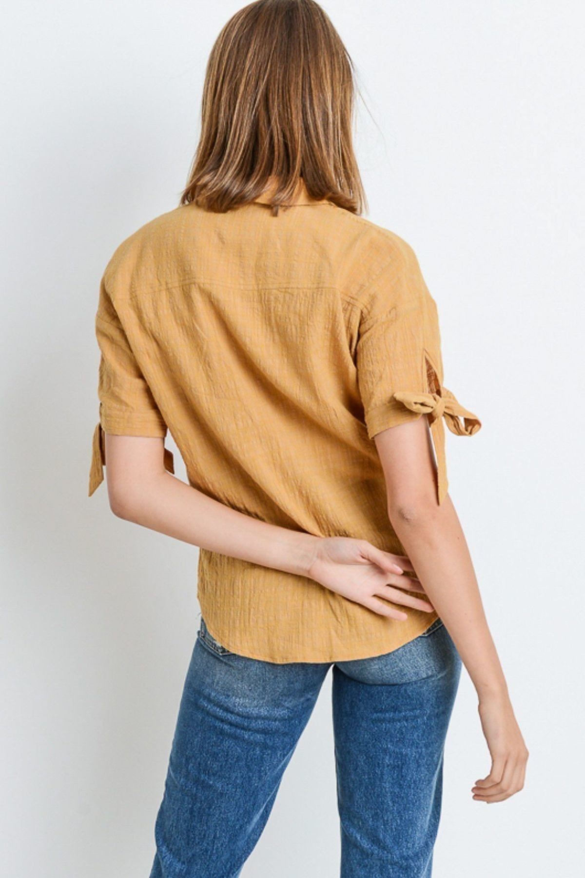 Short Sleeve Button Up Top With Tie Sleeve - ThingsWeUseAndLove 