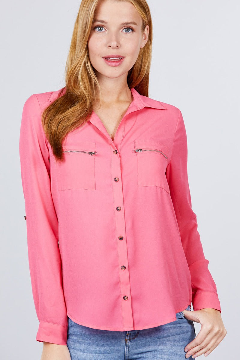 3/4 Roll Up Sleeve Pocket W/zipper Detail Woven Blouse - ThingsWeUseAndLove 