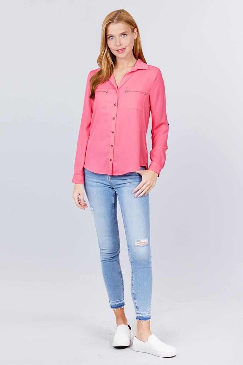 3/4 Roll Up Sleeve Pocket W/zipper Detail Woven Blouse - ThingsWeUseAndLove 