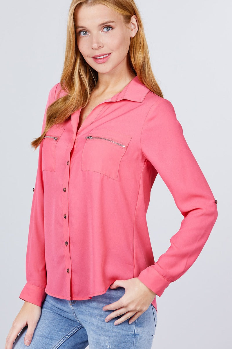 3/4 Roll Up Sleeve Pocket W/zipper Detail Woven Blouse - ThingsWeUseAndLove 