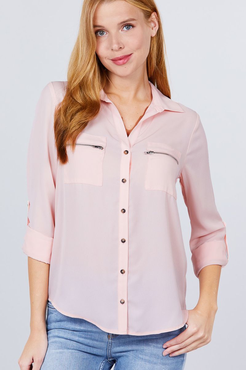 3/4 Roll Up Sleeve Pocket W/zipper Detail Woven Blouse - ThingsWeUseAndLove 