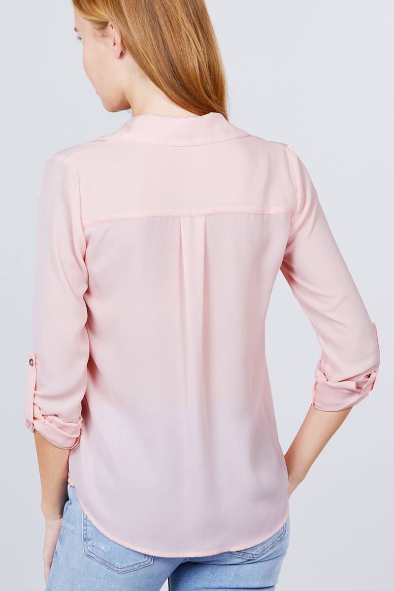 3/4 Roll Up Sleeve Pocket W/zipper Detail Woven Blouse - ThingsWeUseAndLove 