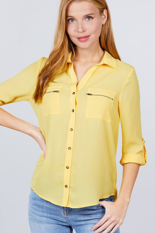 3/4 Roll Up Sleeve Pocket W/zipper Detail Woven Blouse - ThingsWeUseAndLove 