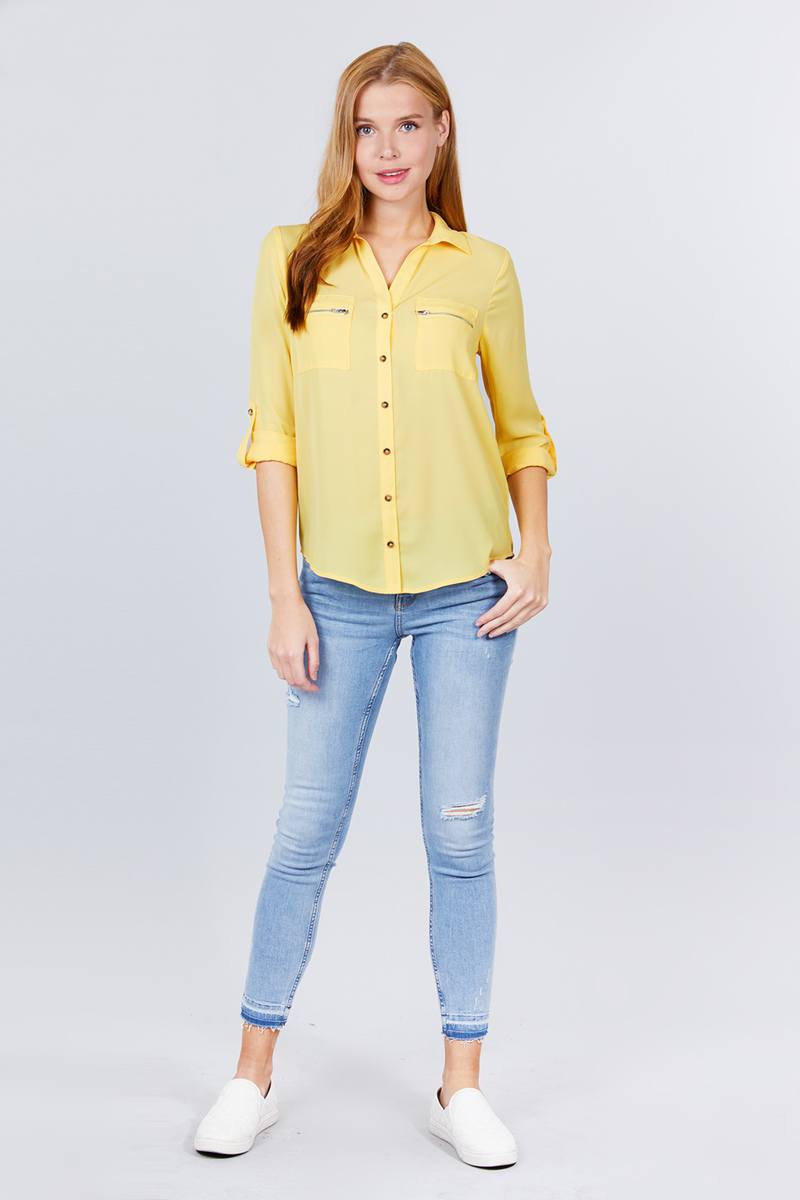 3/4 Roll Up Sleeve Pocket W/zipper Detail Woven Blouse - ThingsWeUseAndLove 