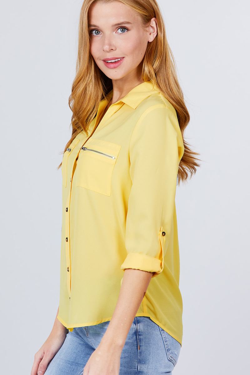 3/4 Roll Up Sleeve Pocket W/zipper Detail Woven Blouse - ThingsWeUseAndLove 