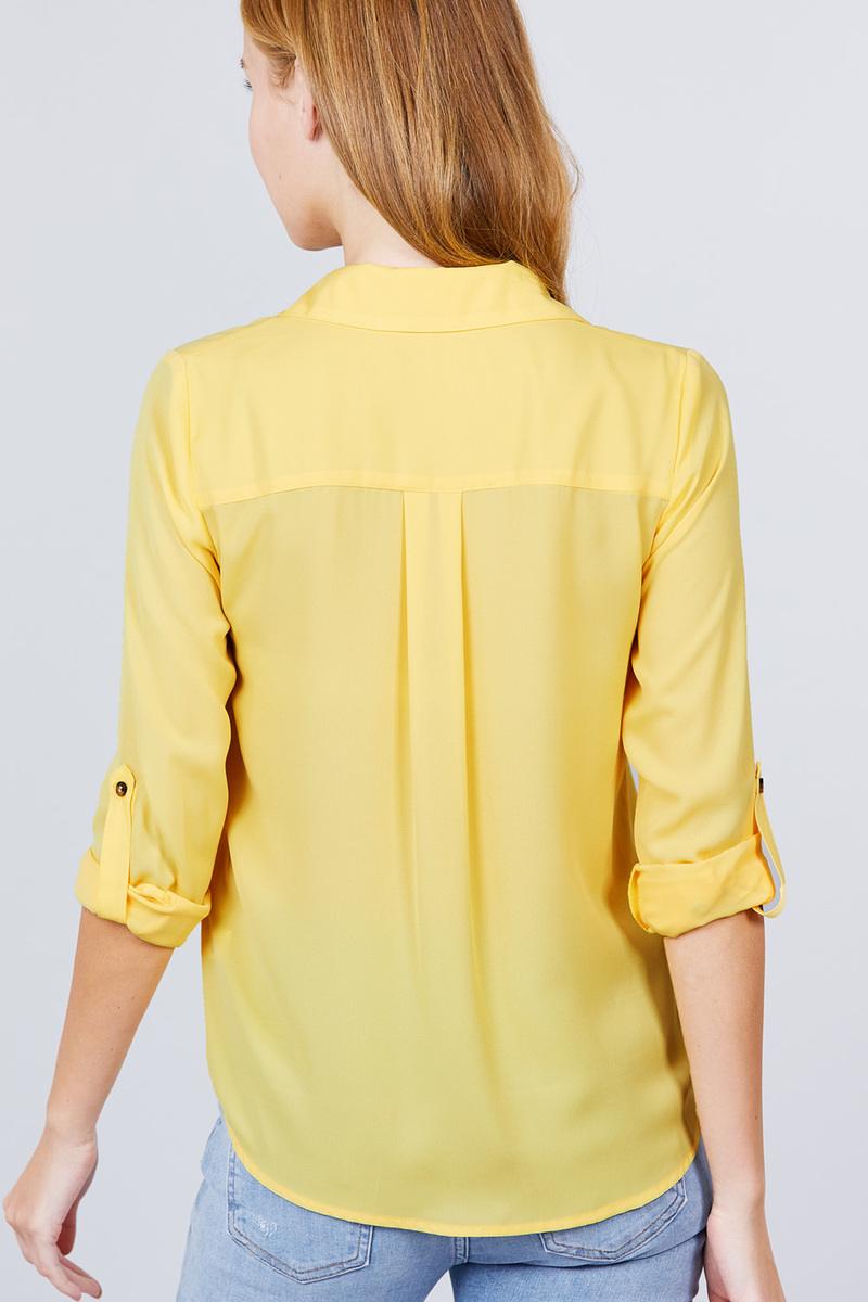 3/4 Roll Up Sleeve Pocket W/zipper Detail Woven Blouse - ThingsWeUseAndLove 