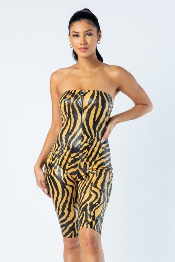 Zebra Print Tube Romper With Front O Ring Zipper Detail - ThingsWeUseAndLove 