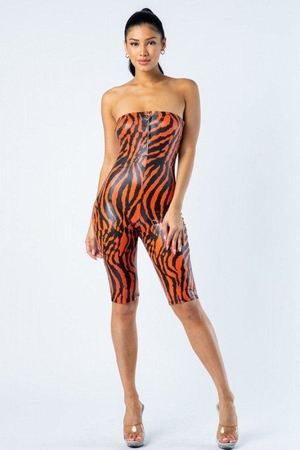 Zebra Print Tube Romper With Front O Ring Zipper Detail - ThingsWeUseAndLove 