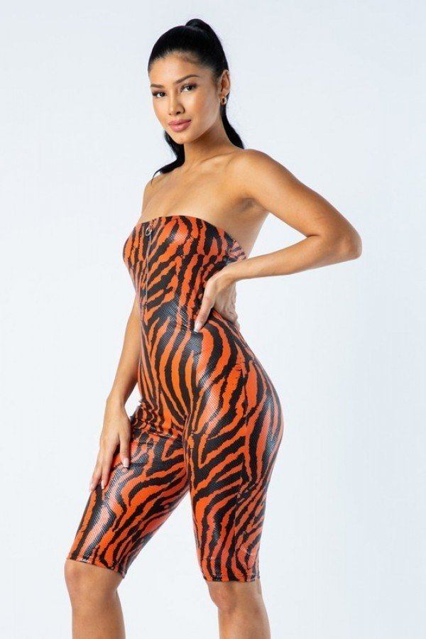 Zebra Print Tube Romper With Front O Ring Zipper Detail - ThingsWeUseAndLove 