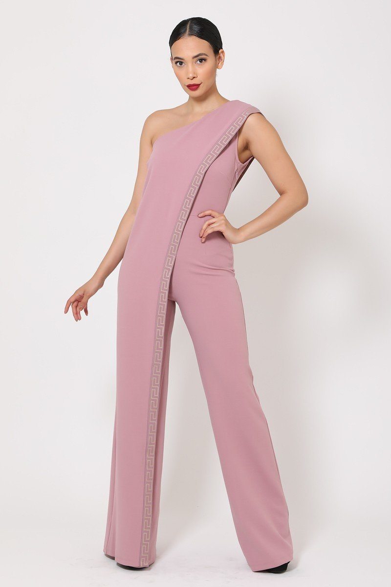 One Shoulder Greek Border Pattern Jumpsuit - ThingsWeUseAndLove 