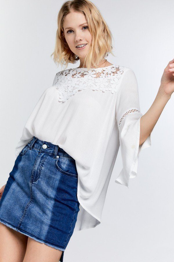 Cute Floral Mesh Lace Accent Yoke Crochet Detailed Tie-back Bell Sleeve Blouse Top - ThingsWeUseAndLove 