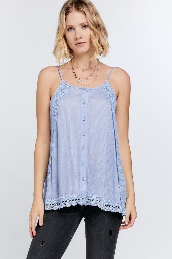 Boho Scallop Lace Trim Detailed Button Down Solid Subtle Textured Slit Side Overlay Layered Cami Top - ThingsWeUseAndLove 