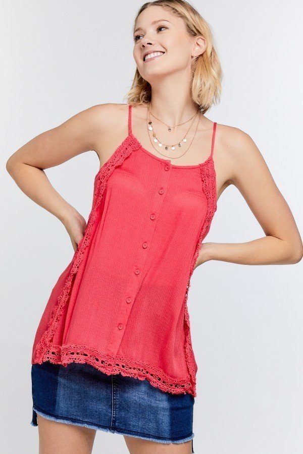 Boho Scallop Lace Trim Detailed Button Down Solid Subtle Textured Slit Side Overlay Layered Cami Top - ThingsWeUseAndLove 