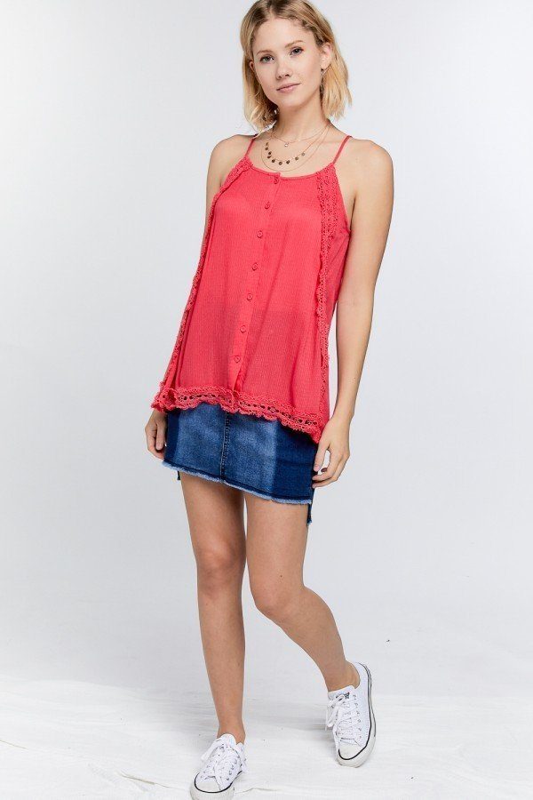 Boho Scallop Lace Trim Detailed Button Down Solid Subtle Textured Slit Side Overlay Layered Cami Top - ThingsWeUseAndLove 