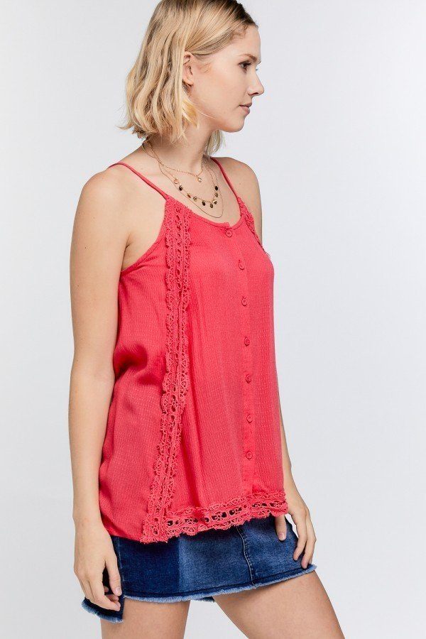 Boho Scallop Lace Trim Detailed Button Down Solid Subtle Textured Slit Side Overlay Layered Cami Top - ThingsWeUseAndLove 