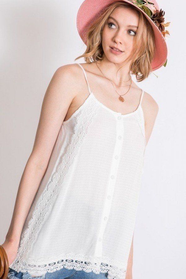 Boho Scallop Lace Trim Detailed Button Down Solid Subtle Textured Slit Side Overlay Layered Cami Top - ThingsWeUseAndLove 