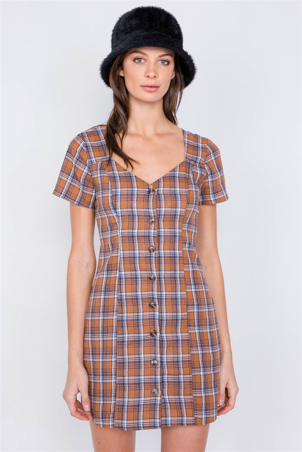 Brown Multi Checkered Stripe Casual Open Back Vintage Mini Dress - ThingsWeUseAndLove 