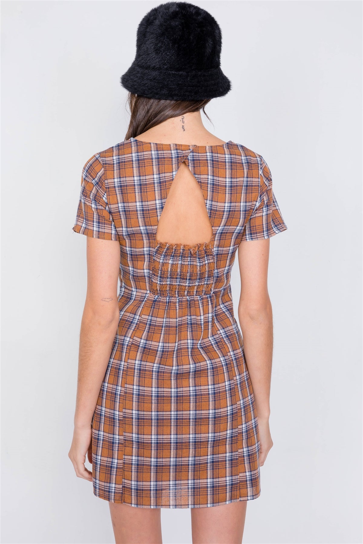 Brown Multi Checkered Stripe Casual Open Back Vintage Mini Dress - ThingsWeUseAndLove 