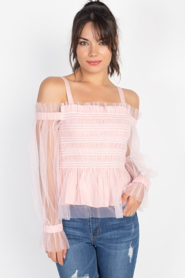 Sheer Mesh Open Shoulder Top - ThingsWeUseAndLove 