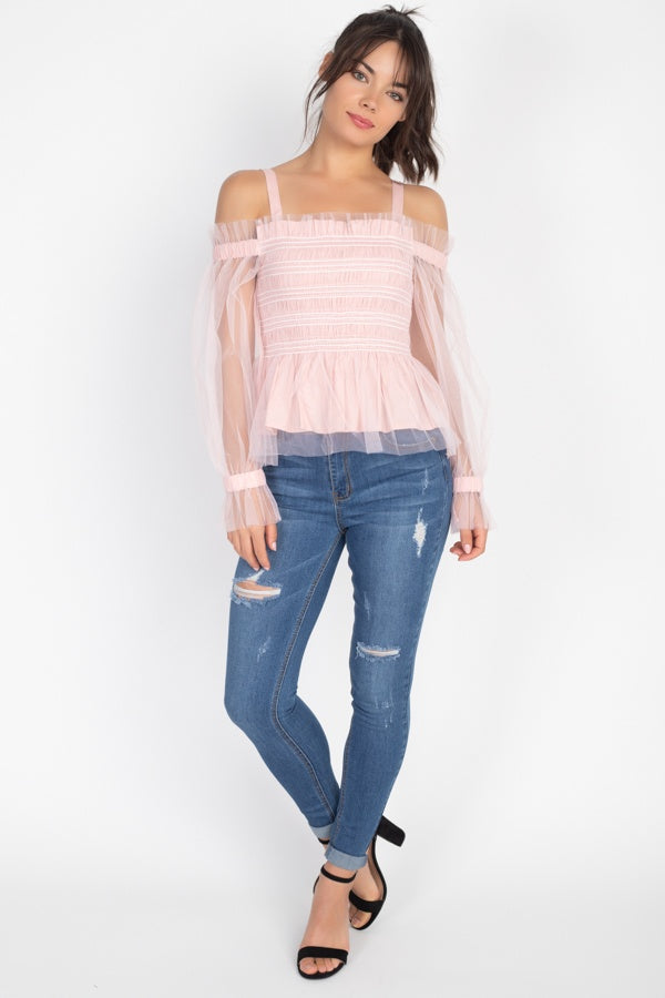 Sheer Mesh Open Shoulder Top - ThingsWeUseAndLove 