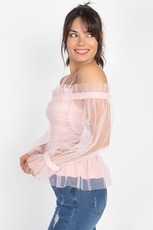 Sheer Mesh Open Shoulder Top - ThingsWeUseAndLove 