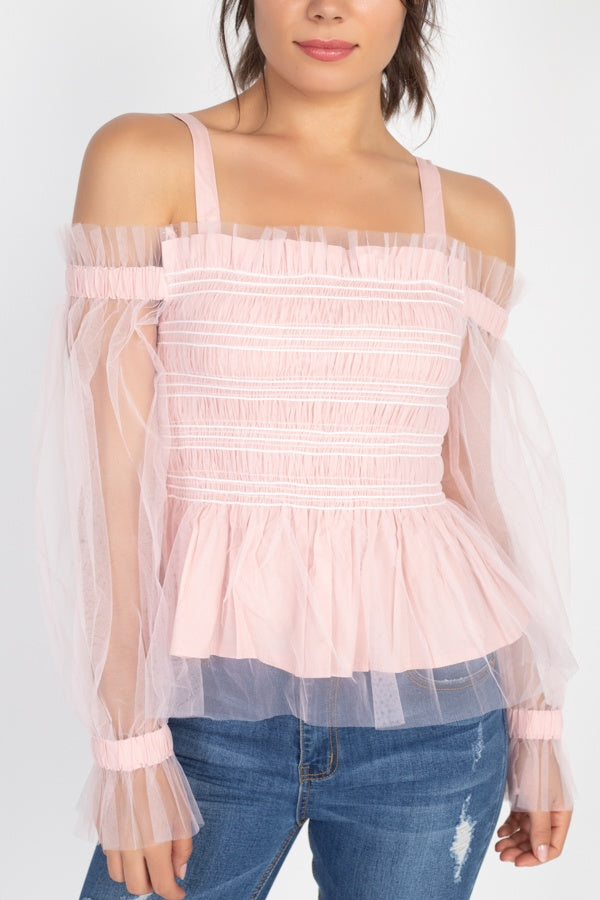 Sheer Mesh Open Shoulder Top - ThingsWeUseAndLove 