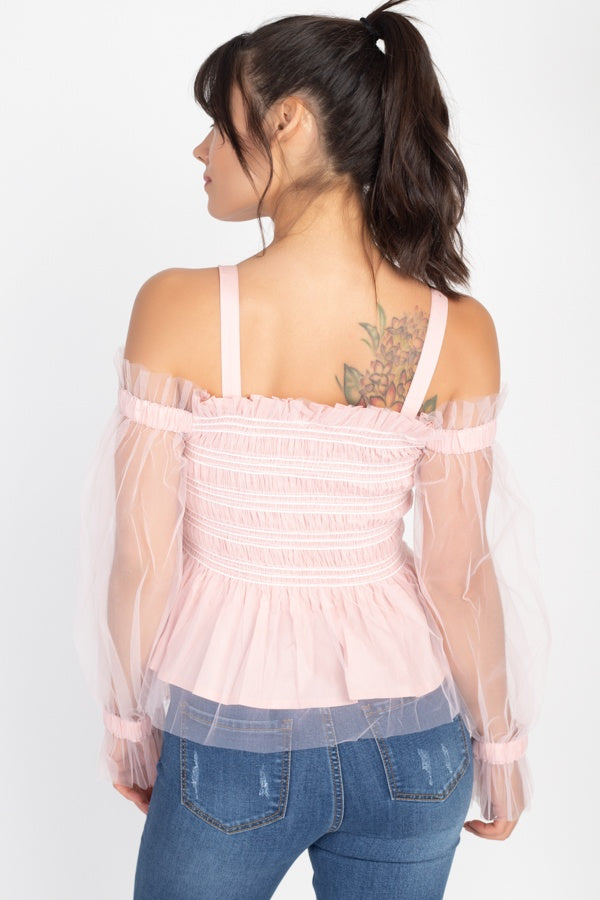 Sheer Mesh Open Shoulder Top - ThingsWeUseAndLove 