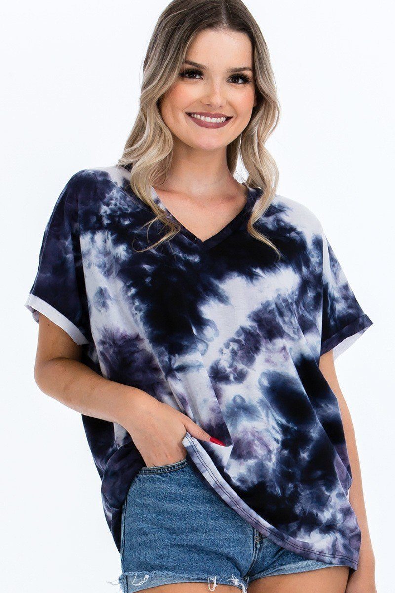 Tie-dye Top Featured In A V-neckline And Cuff Sort Sleeves - ThingsWeUseAndLove 