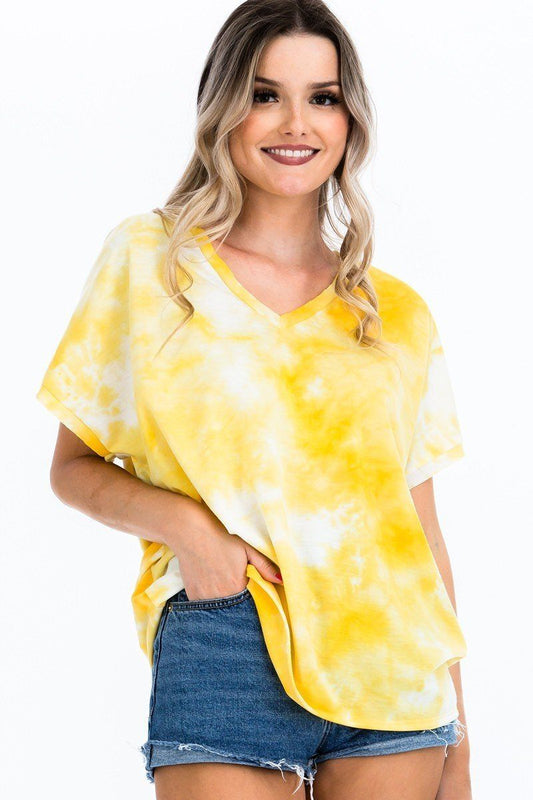 Tie-dye Top Featured In A V-neckline And Cuff Sort Sleeves - ThingsWeUseAndLove 