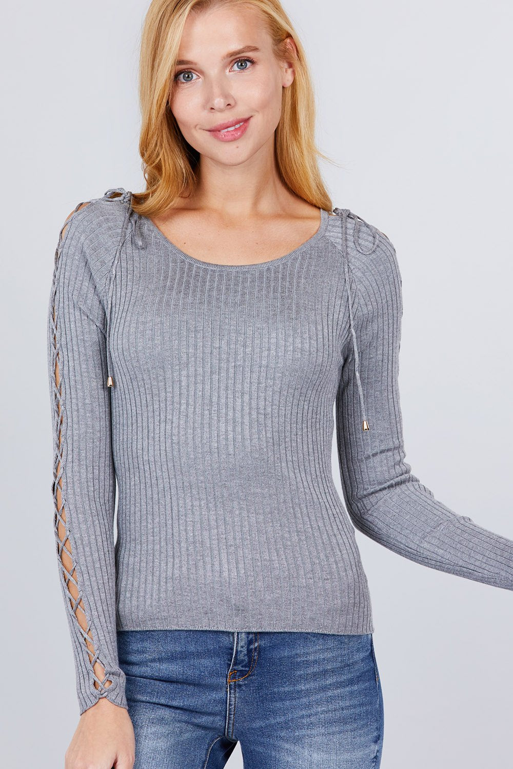 Long Sleeve W/strappy Detail Round Neck Rib Sweater Top - ThingsWeUseAndLove 