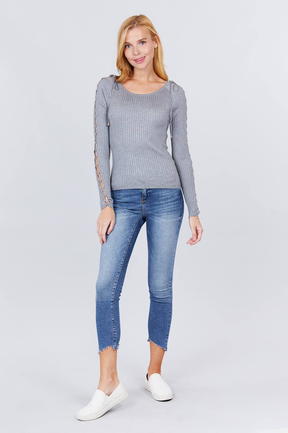 Long Sleeve W/strappy Detail Round Neck Rib Sweater Top - ThingsWeUseAndLove 