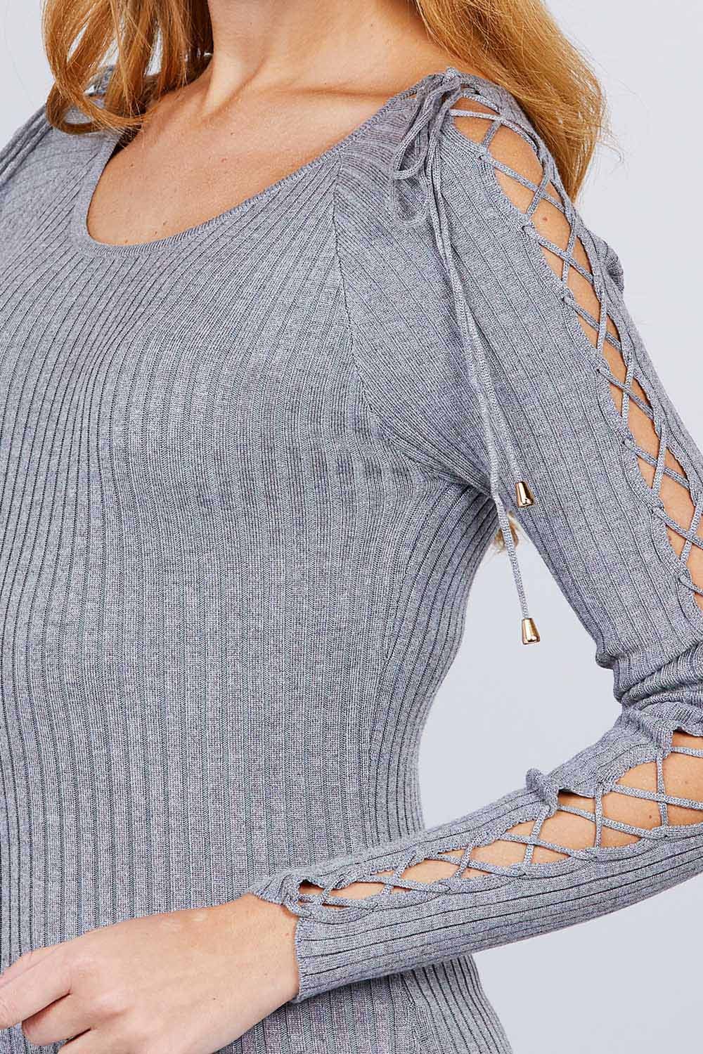 Long Sleeve W/strappy Detail Round Neck Rib Sweater Top - ThingsWeUseAndLove 