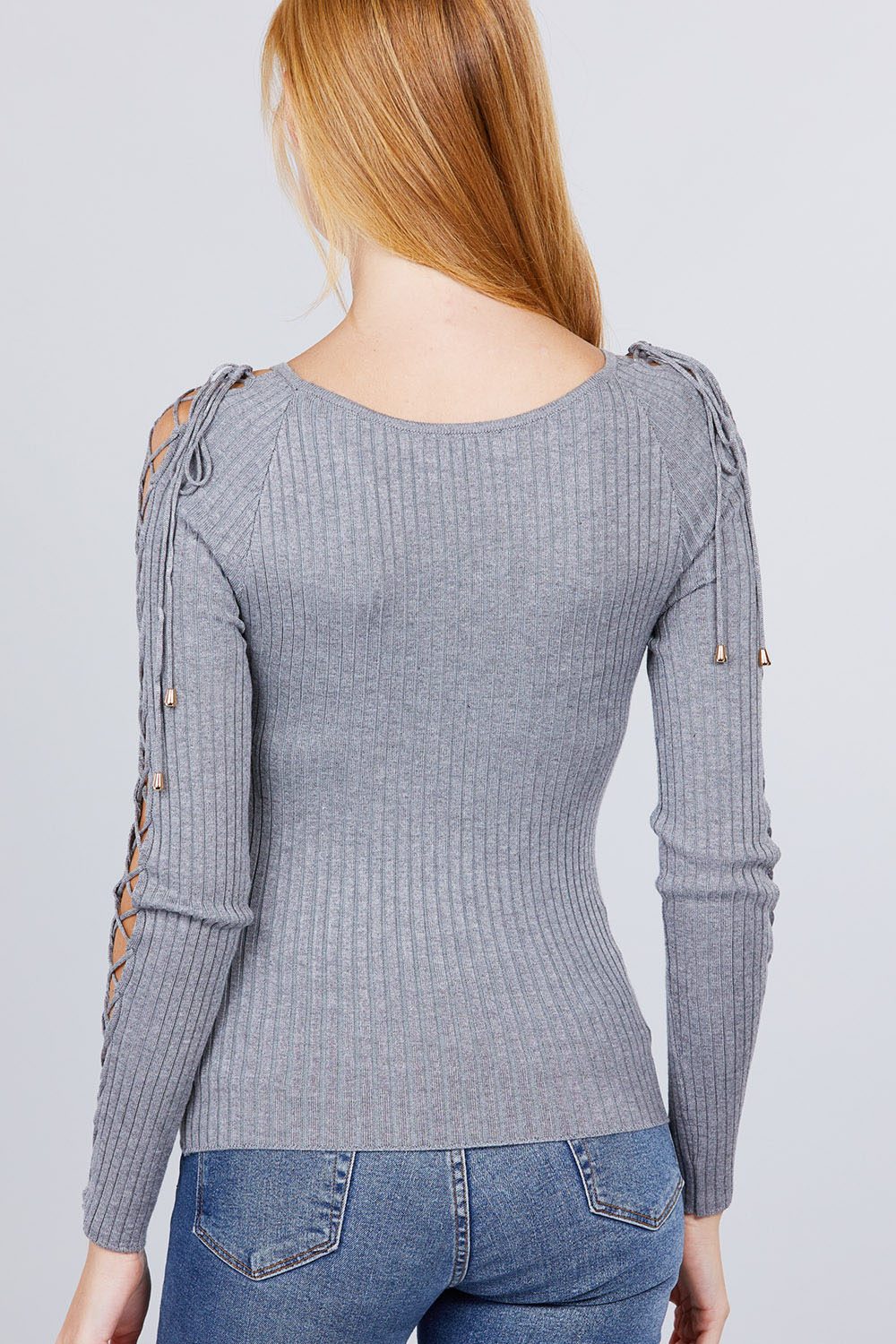 Long Sleeve W/strappy Detail Round Neck Rib Sweater Top - ThingsWeUseAndLove 