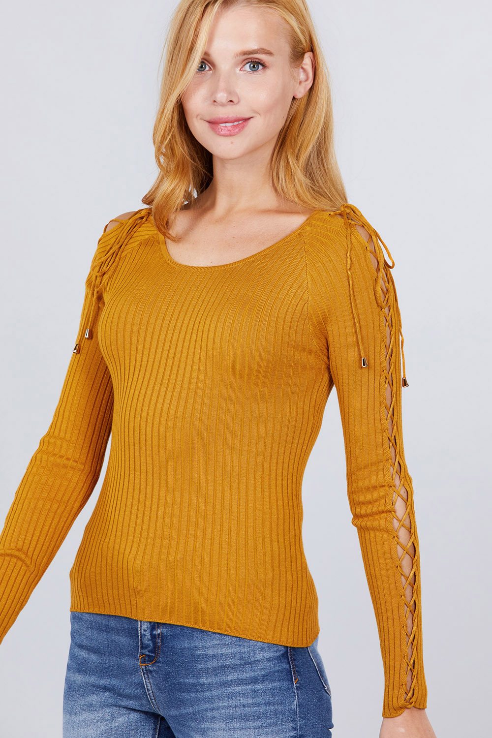 Long Sleeve W/strappy Detail Round Neck Rib Sweater Top - ThingsWeUseAndLove 