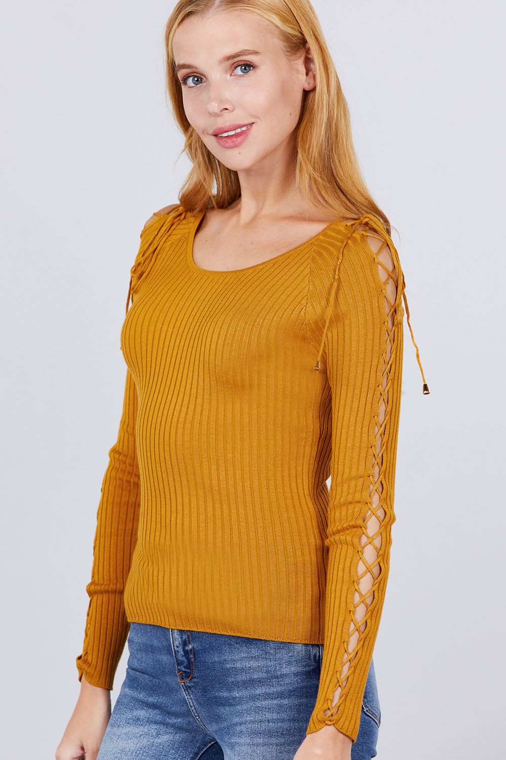 Long Sleeve W/strappy Detail Round Neck Rib Sweater Top - ThingsWeUseAndLove 