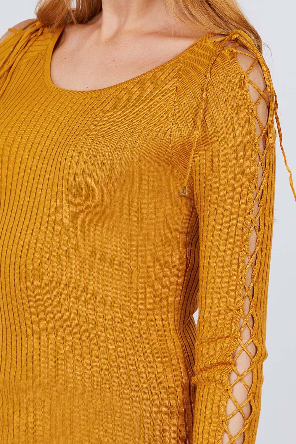 Long Sleeve W/strappy Detail Round Neck Rib Sweater Top - ThingsWeUseAndLove 