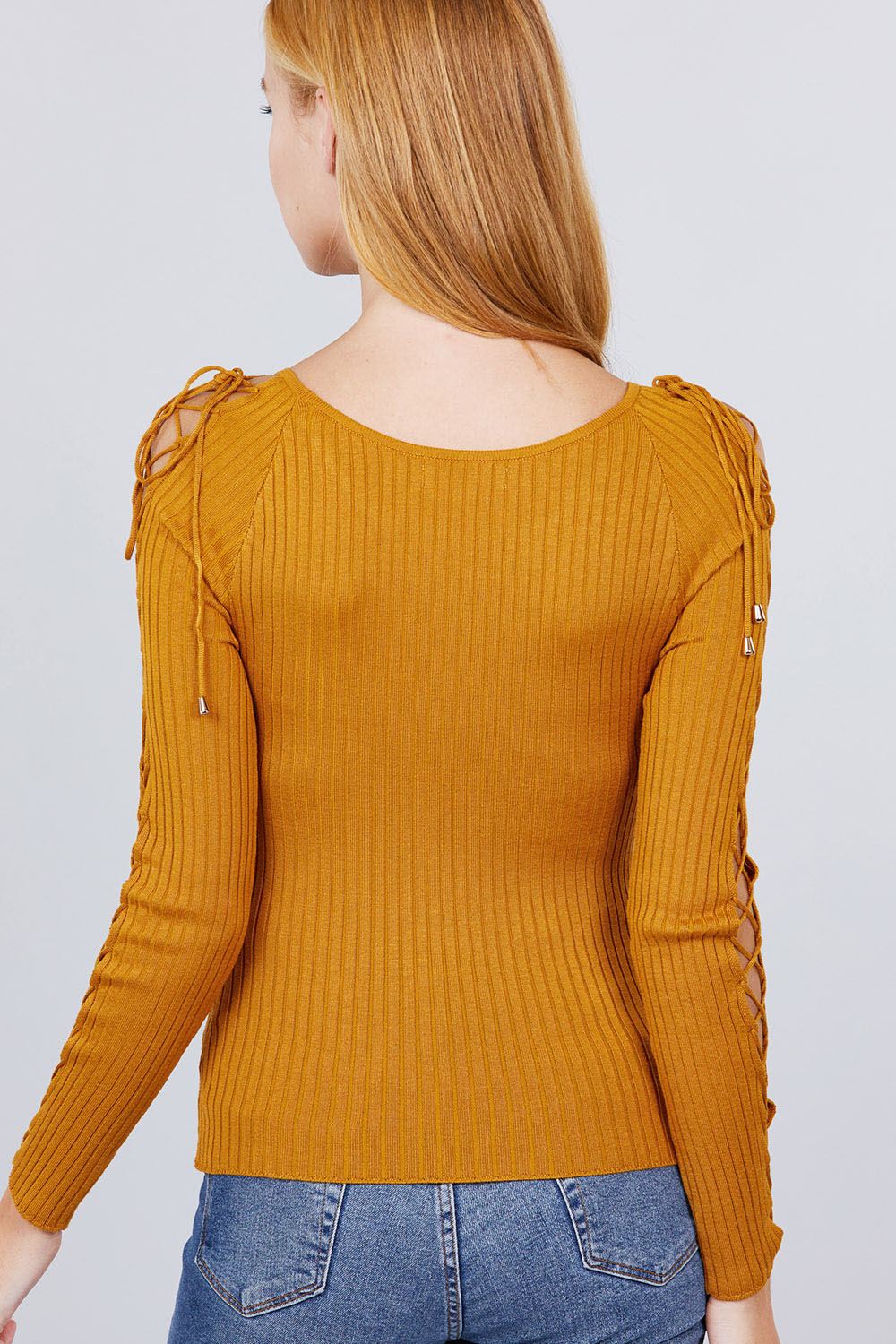 Long Sleeve W/strappy Detail Round Neck Rib Sweater Top - ThingsWeUseAndLove 