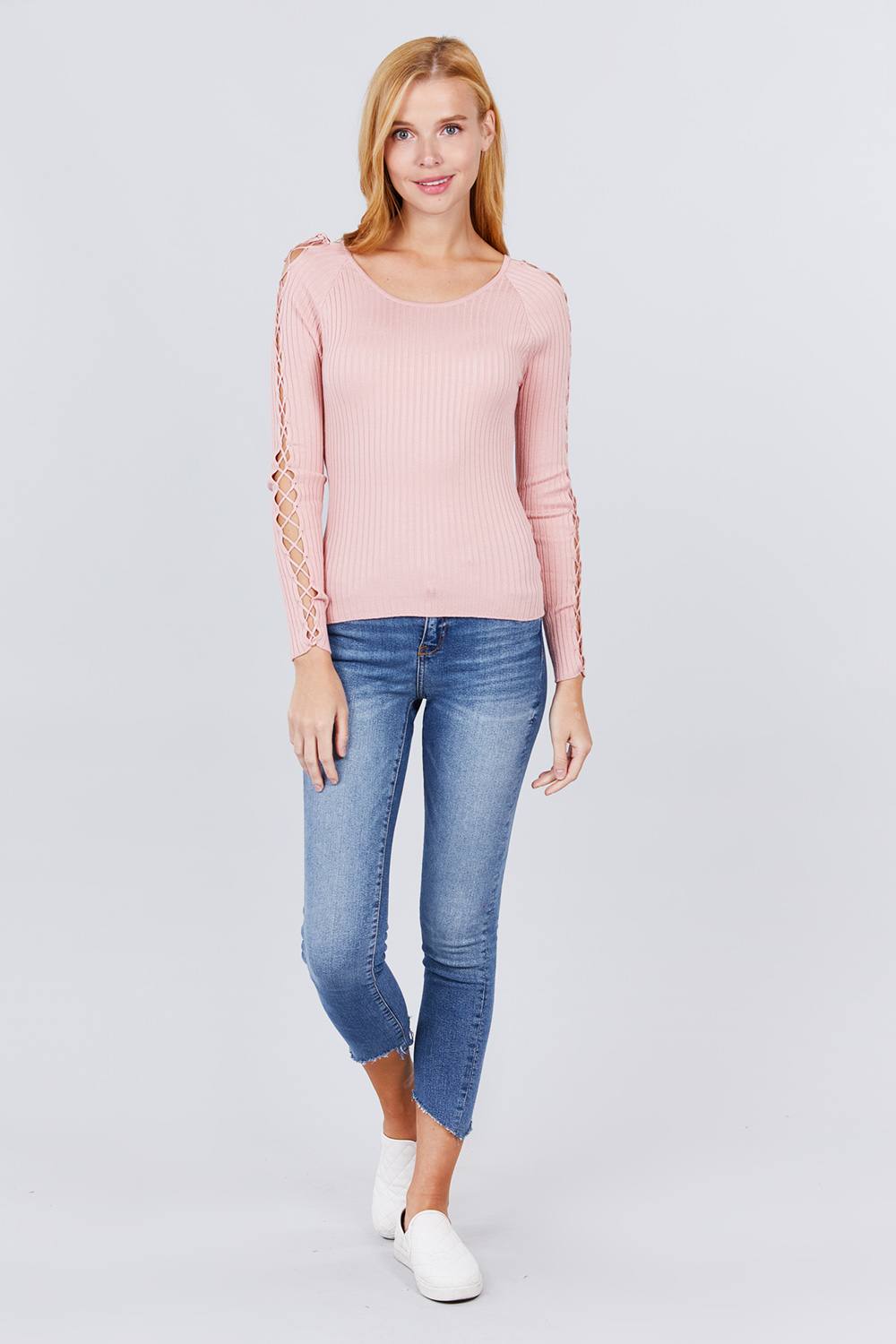 Long Sleeve W/strappy Detail Round Neck Rib Sweater Top - ThingsWeUseAndLove 