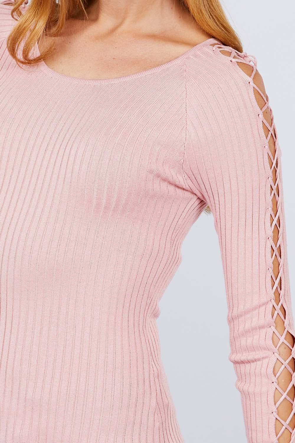 Long Sleeve W/strappy Detail Round Neck Rib Sweater Top - ThingsWeUseAndLove 