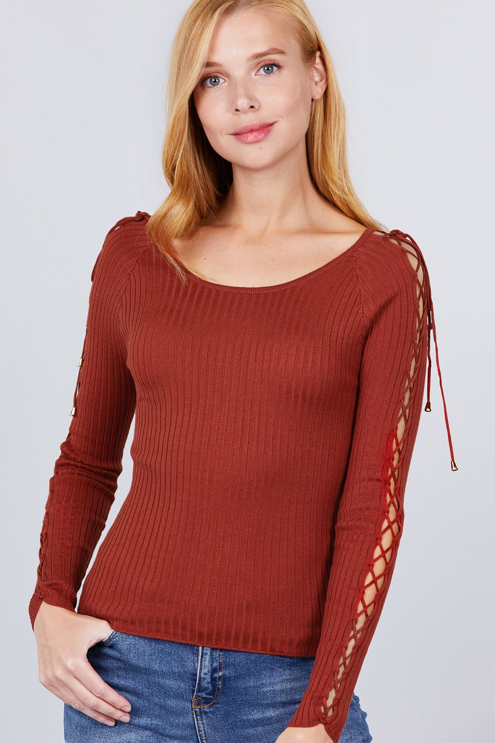 Long Sleeve W/strappy Detail Round Neck Rib Sweater Top - ThingsWeUseAndLove 