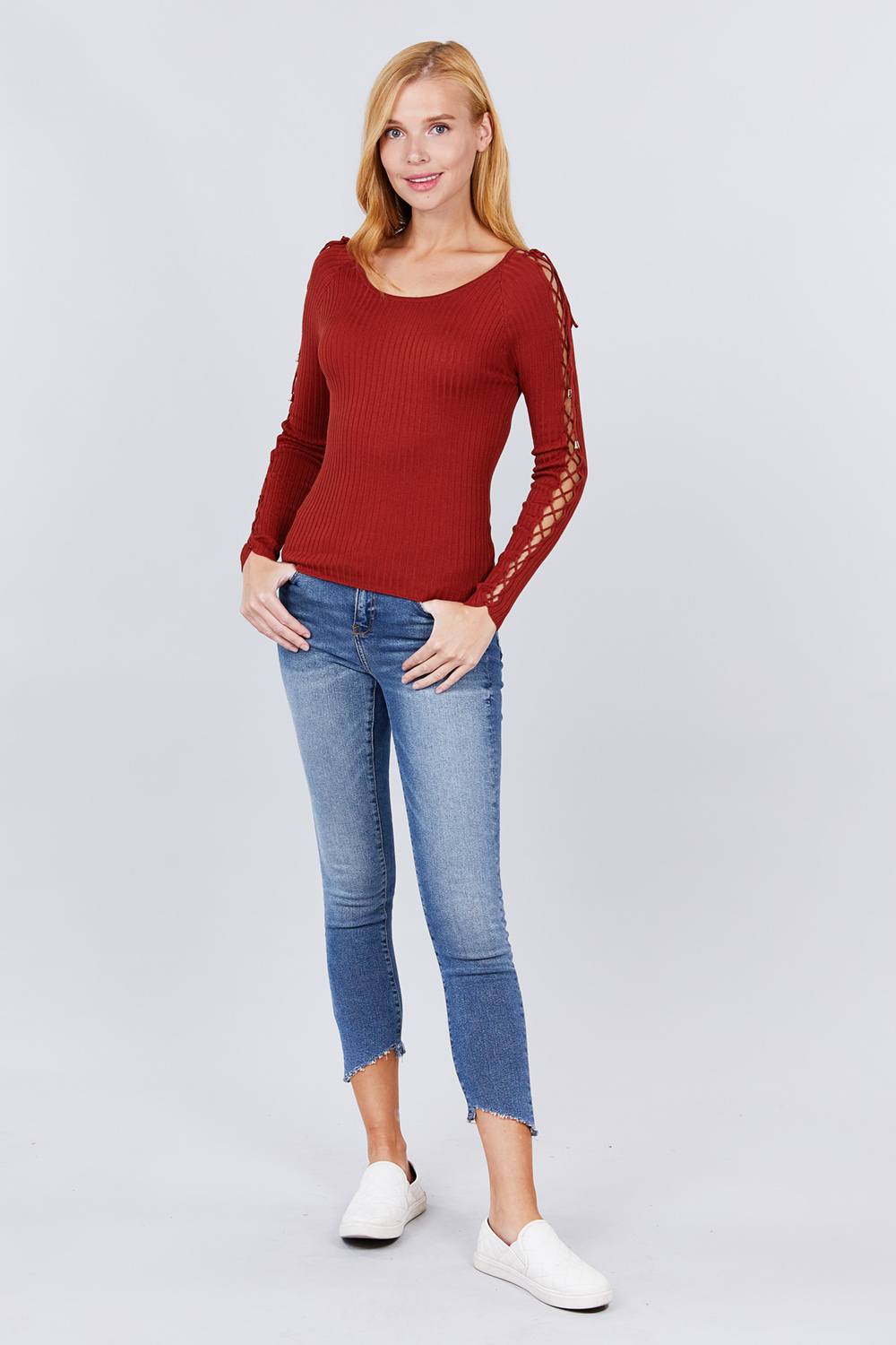 Long Sleeve W/strappy Detail Round Neck Rib Sweater Top - ThingsWeUseAndLove 