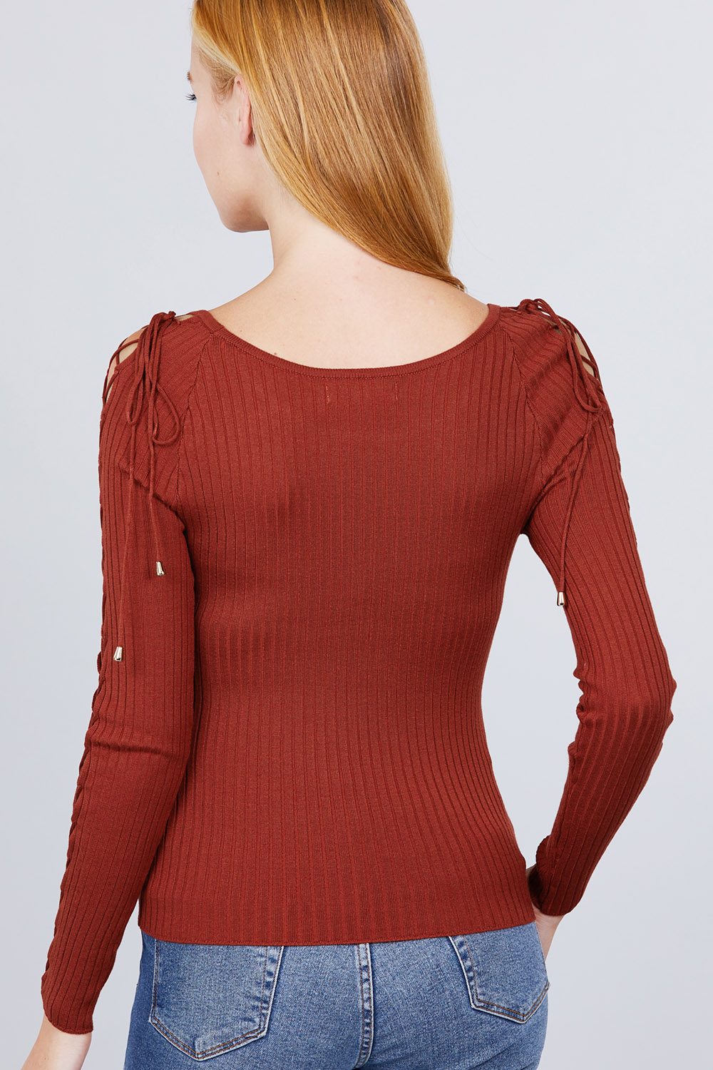 Long Sleeve W/strappy Detail Round Neck Rib Sweater Top - ThingsWeUseAndLove 