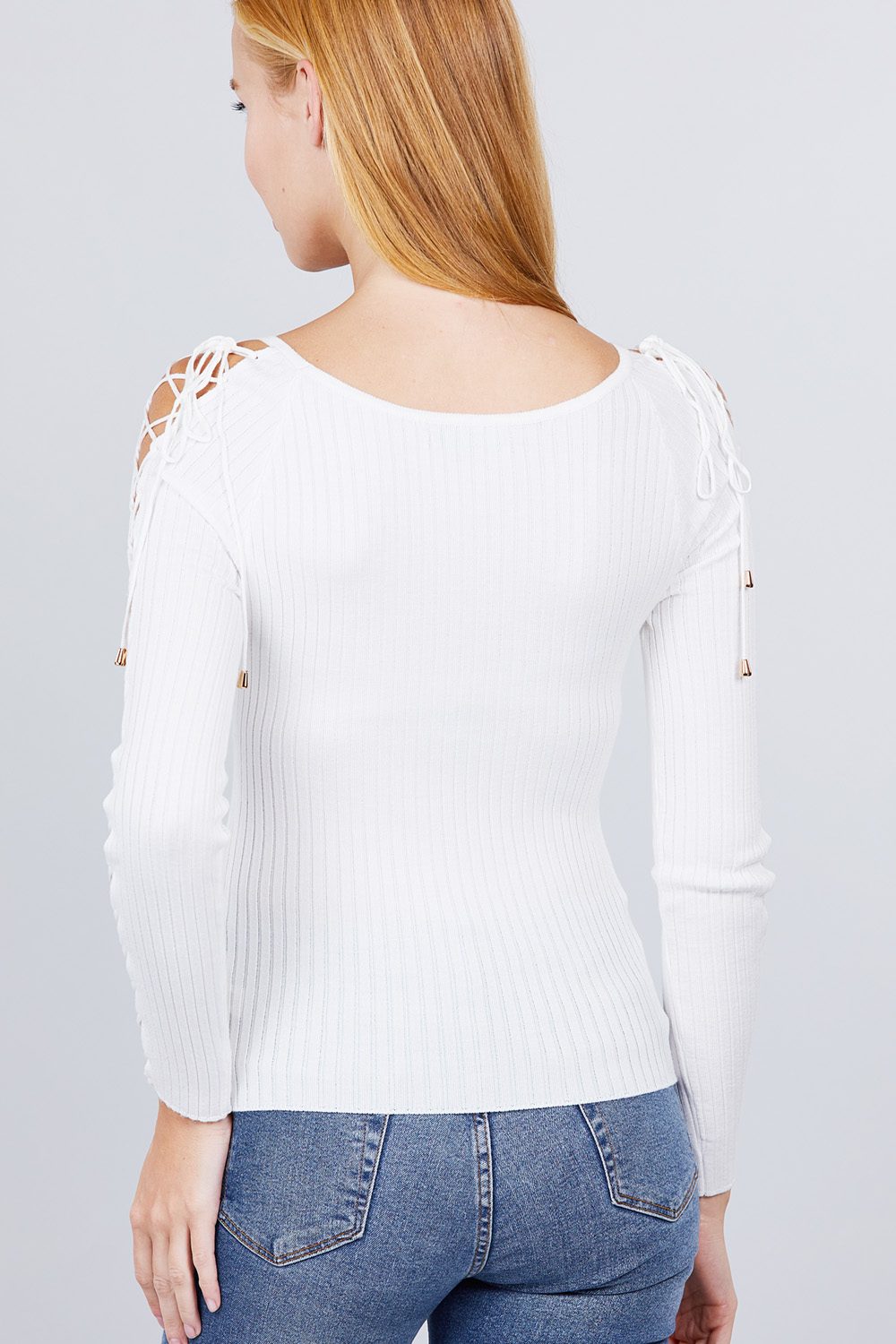 Long Sleeve W/strappy Detail Round Neck Rib Sweater Top - ThingsWeUseAndLove 